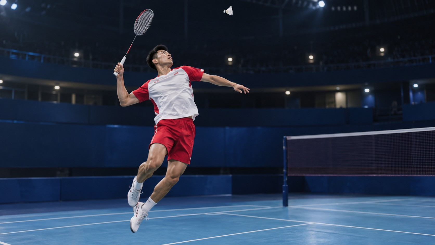 Illustration of a badminton player preparing an overhead shot